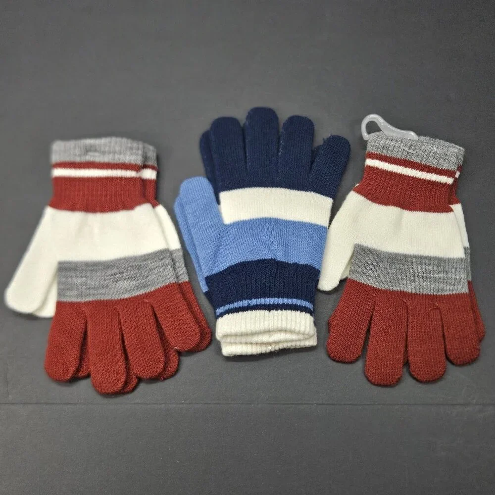 Youth Gloves Bundle Of 3 One Size Boys Red, Ivory, Grey, Striped, Blue Navy NWOT